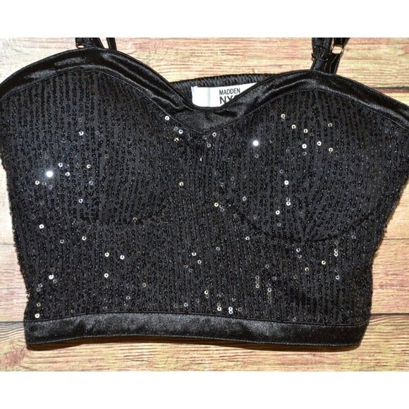 Women’s Madden NYC Black Sequin Bustier Size M Party Night Out Smocked Back - Picture 2 of 7